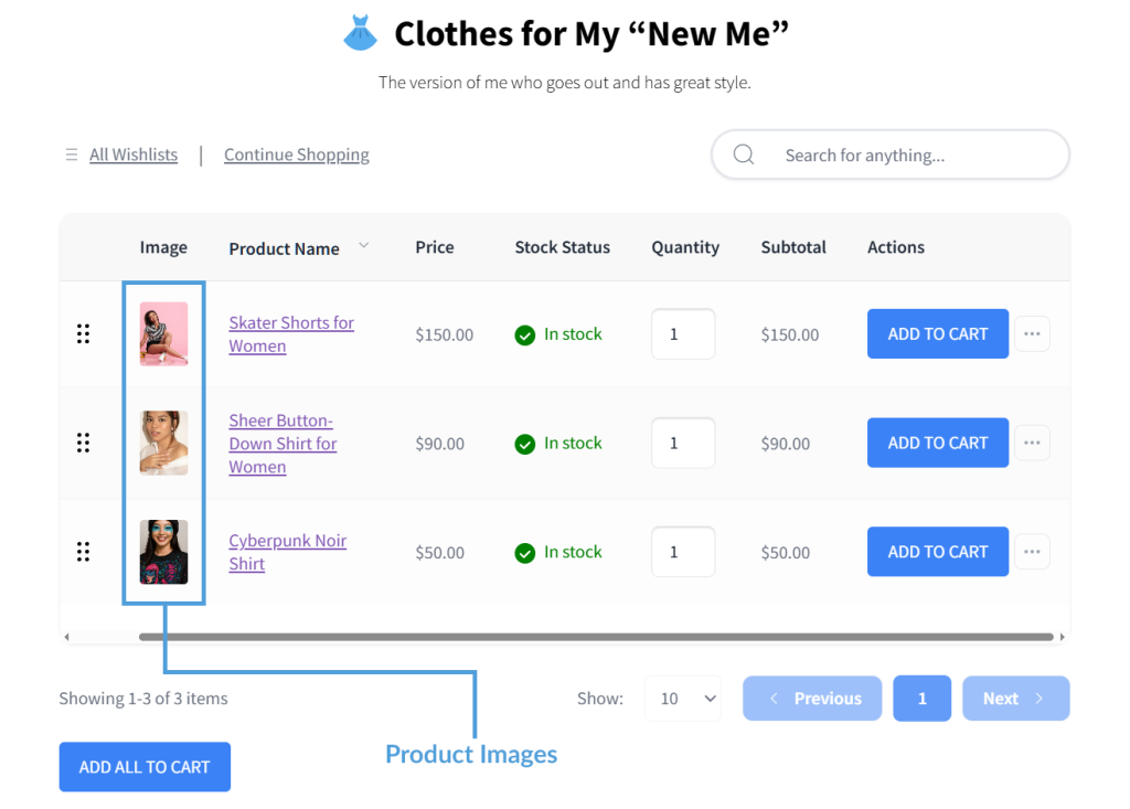 E-commerce wishlist page titled 'Clothes for My New Me' showing three clothing items with thumbnails, prices, in-stock status, and Add to Cart buttons.