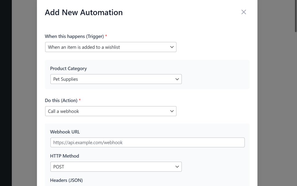 Modal titled 'Add New Automation' showing trigger 'item added to a wishlist', selected Pet Supplies category, and calling a webhook via POST.