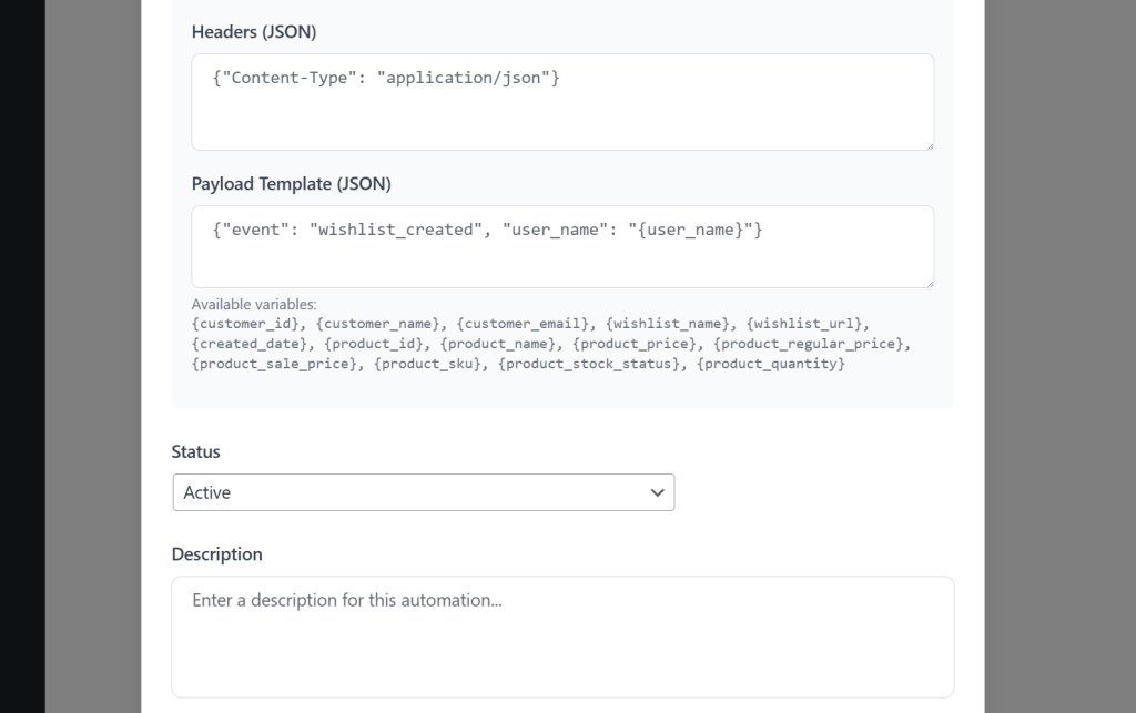 Screenshot of webhook automation settings displaying JSON headers, a payload template for 'wishlist_created', available variables list, and Active status.