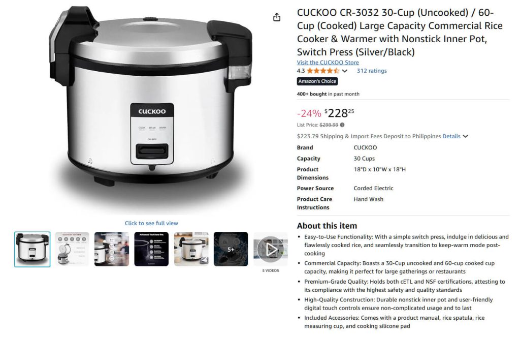 Stainless-steel CUCKOO commercial rice cooker and warmer on countertop, large 30-cup uncooked capacity with front control switch.