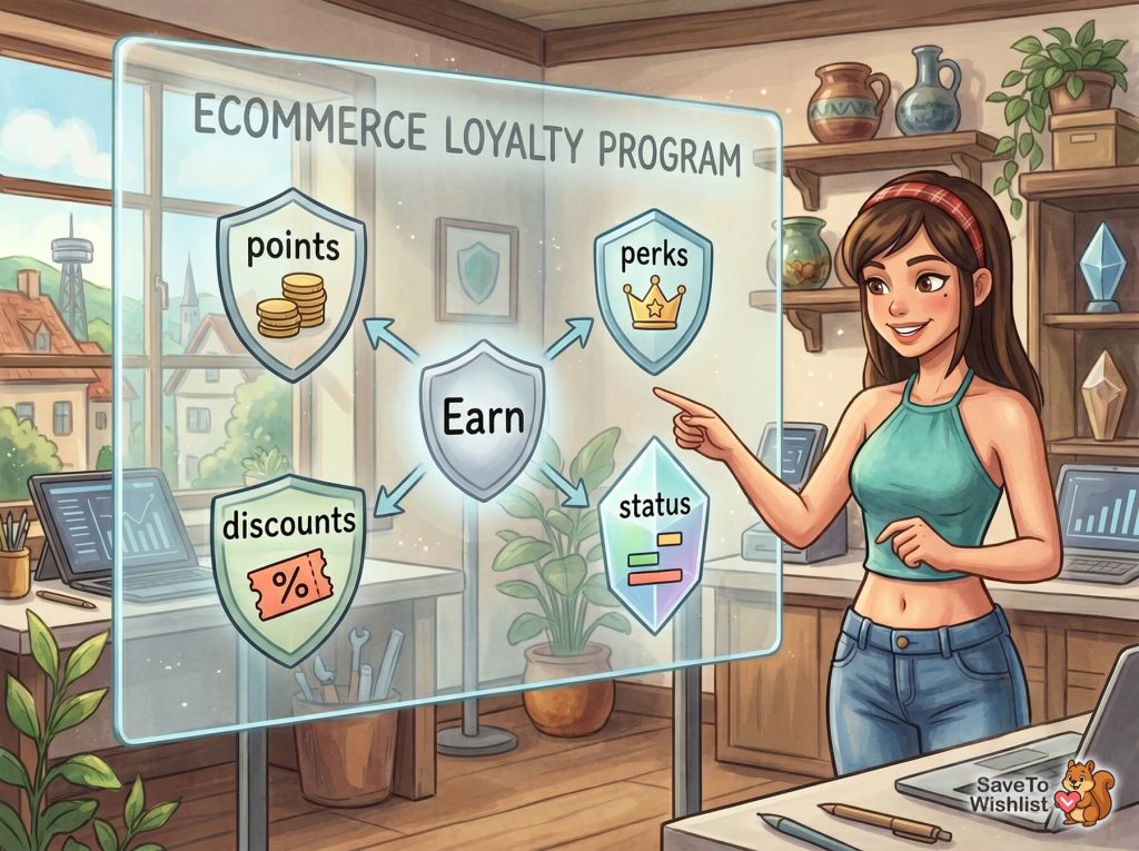 Woman presenting a glass dashboard labeled'Ecommerce Loyalty Program' with shields for points, perks, discounts, and status icons beside her.