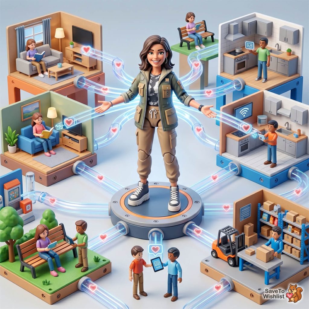what-is-referral-marketing - SaveTo Wishlist 3D diorama showing a woman connecting shoppers via shareable wishlists for ecommerce referral marketing.