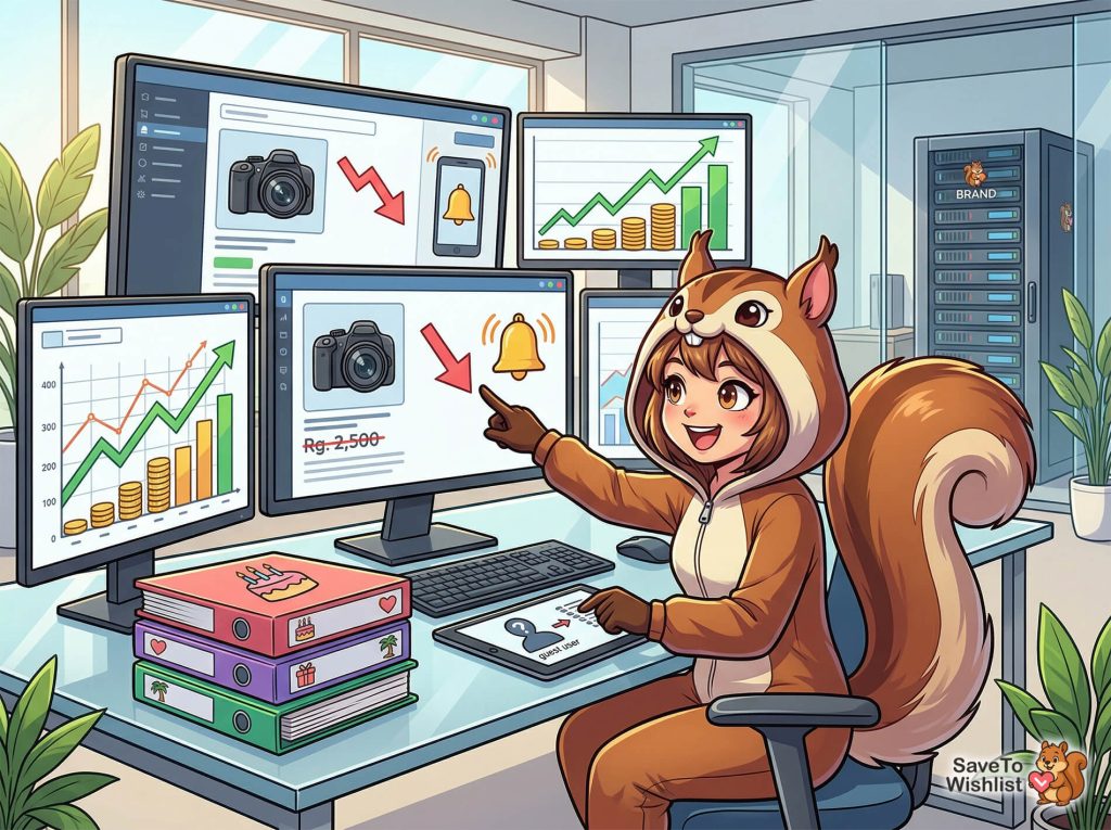 what-to-look-for-in-the-best-woocommerce-wishlist-plugins - SaveTo Wishlist A person in a detailed squirrel onesie with a bushy tail sits at a desk pointing at one of multiple computer monitors in a modern, glass-walled office. The dashboards display e-commerce product pages (like a DSLR camera priced at Rs. 2,500-), financial data with gold coins and upward trends, colorful binders, and a tall "BRAND" server rack.