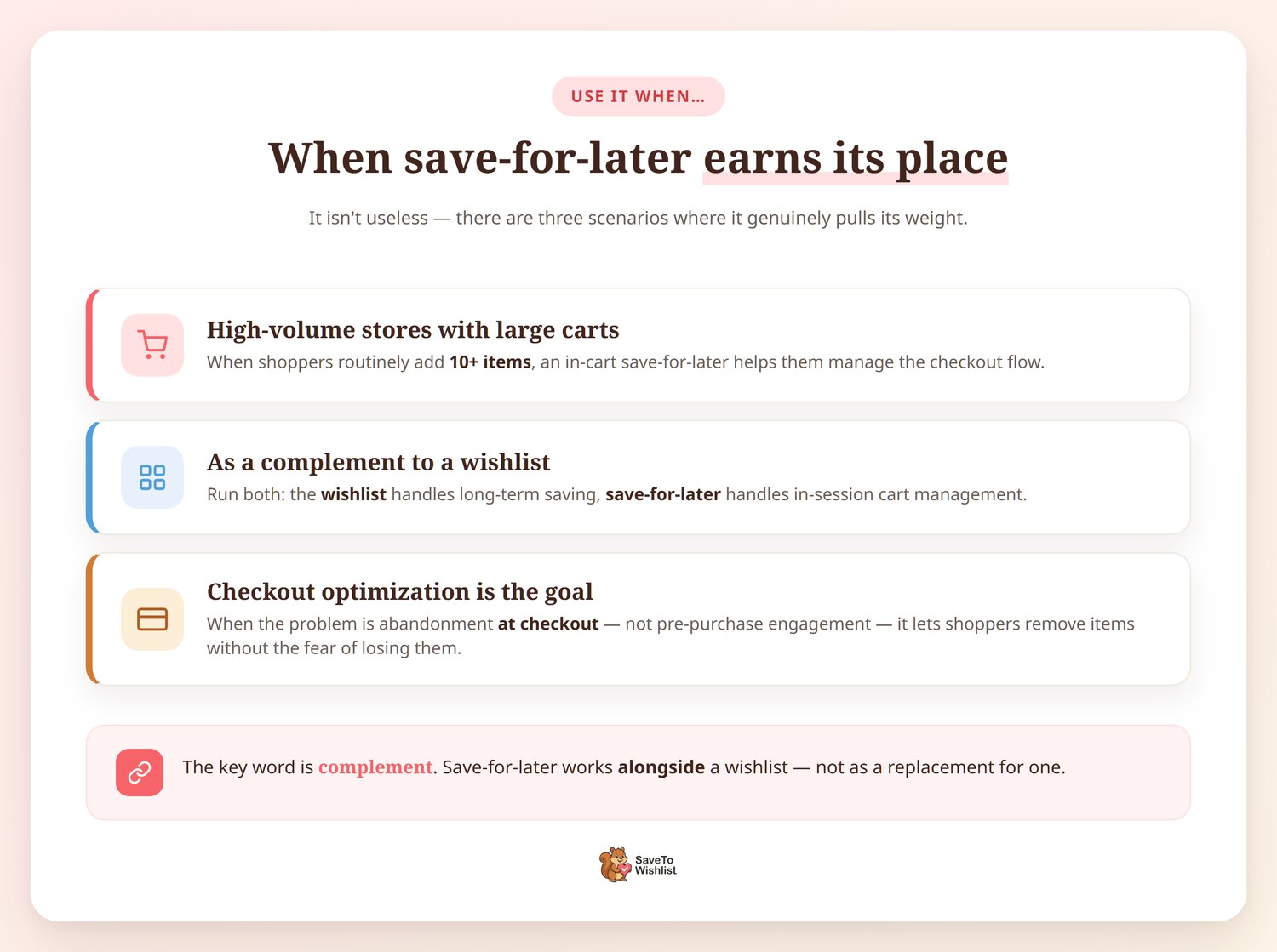 When save-for-later makes sense - SaveTo Wishlist Three scenarios where save-for-later earns its place: high-volume stores with large carts, as a complement to a wishlist, and when checkout optimization is the goal, with a reminder that save-for-later complements a wishlist rather than replacing it.