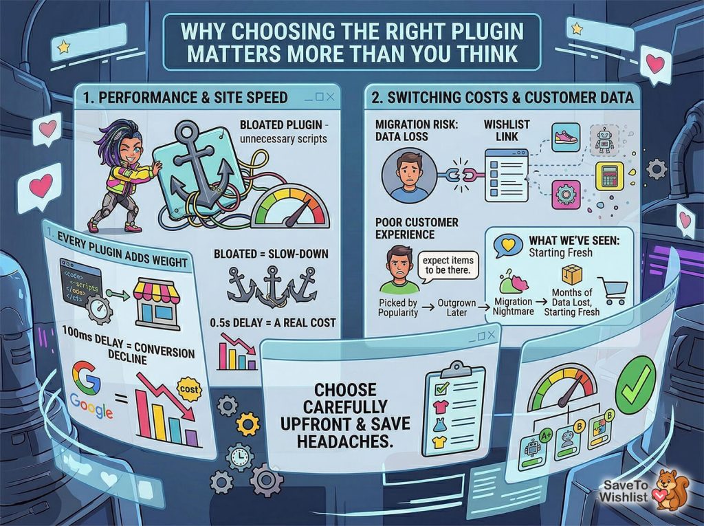 why-choosing-the-right-plugin-matters-more-than-you-think - SaveTo Wishlist Animated infographic showing e-commerce plugins' impact: bloated plugins slow sites, cause data migration headaches, and stress choosing carefully to save time and conversions.