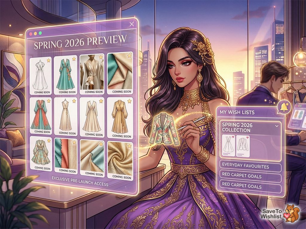 A glamorous woman in an ornate purple gown previews the Spring 2026 fashion store wishlist WooCommerce collection on a holographic interface, selecting a floral jacket.