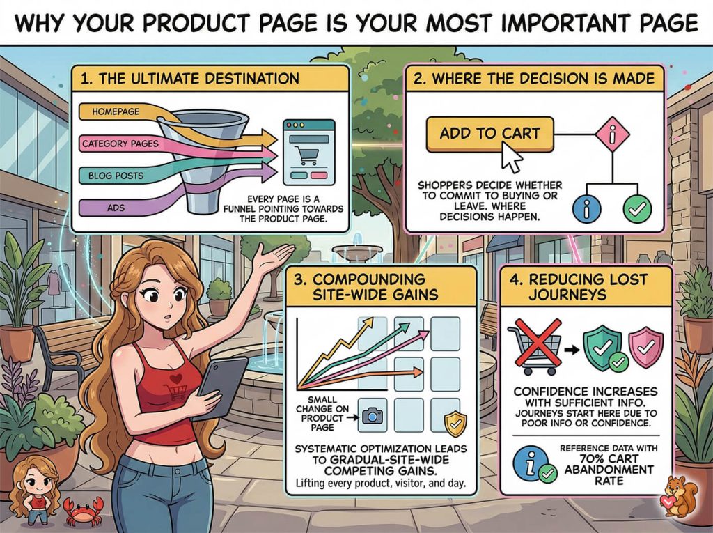 Cartoon woman holding a tablet gestures toward infographic panels explaining why ecommerce product pages matter — funnels, add-to-cart decisions, compounding gains, reducing abandonment.