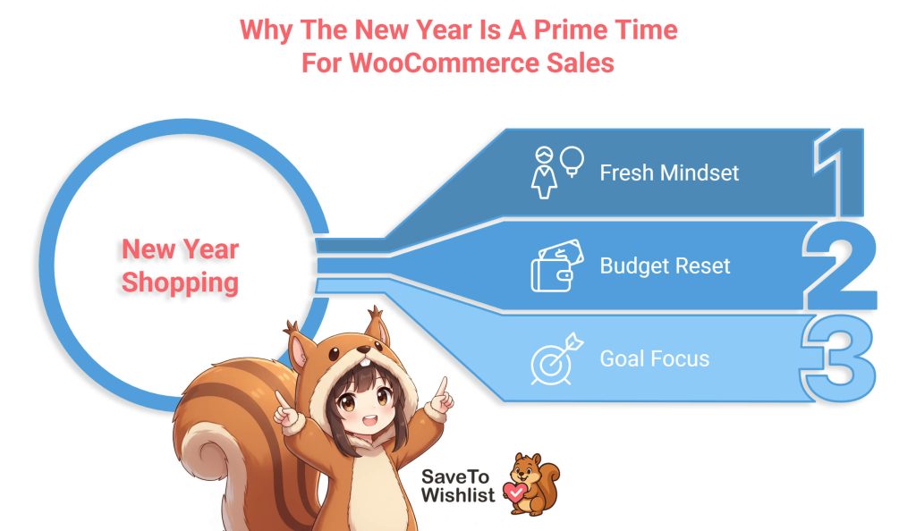 Cartoon squirrel mascot presents New Year shopping funnel highlighting fresh mindset, budget reset, and goal focus for WooCommerce sales that can boosted using the right New Year marketing ideas.