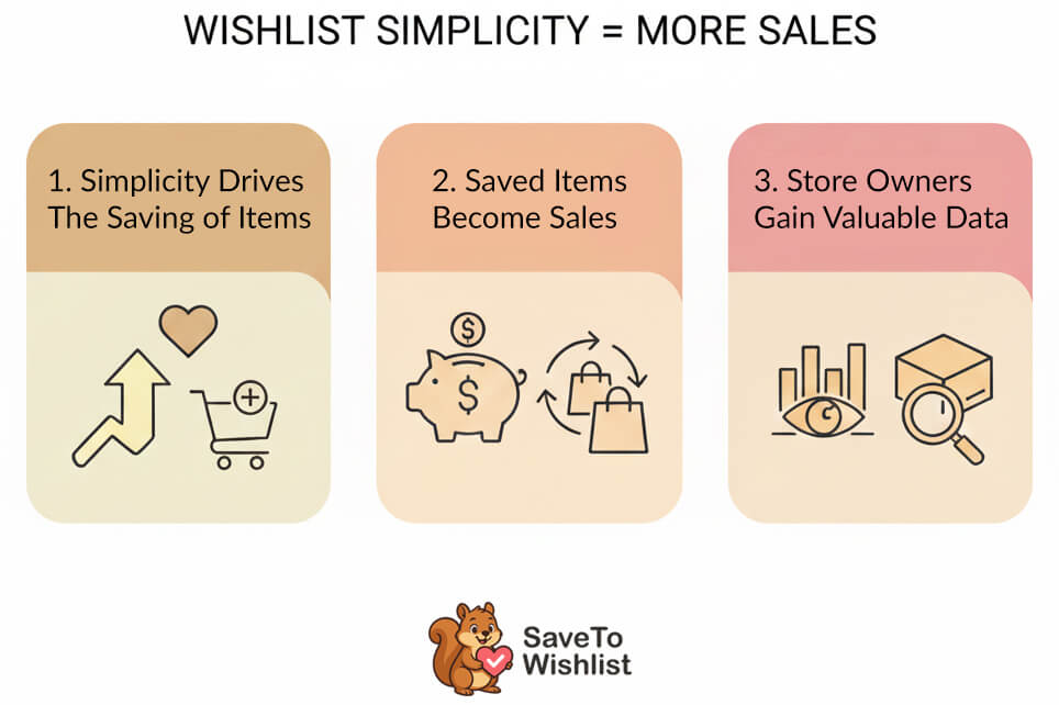 why-wishlist-simplicity-matters - SaveTo Wishlist Infographic illustrating how wishlist simplicity increases saved items, converts saves into sales, and provides store owners with valuable customer data.