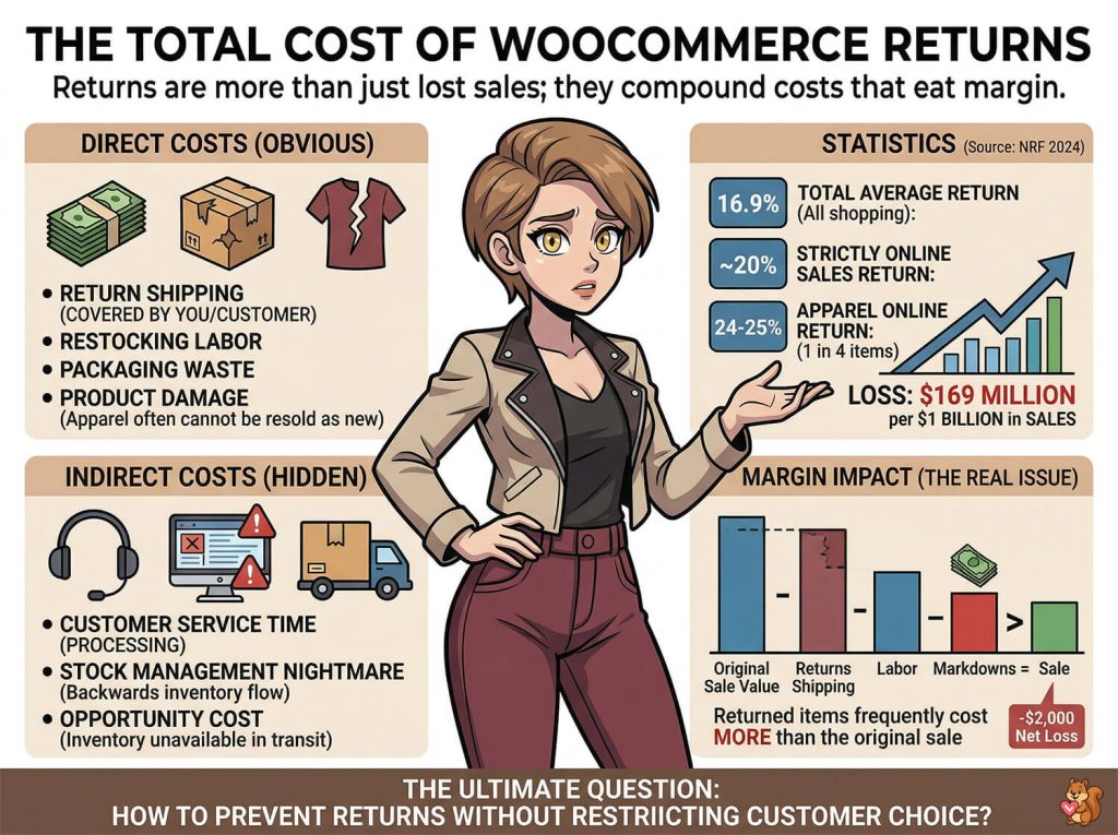 An anxious-looking woman points to an infographic detailing ecommerce return costs — direct, hidden, and margin impacts with alarming statistics.