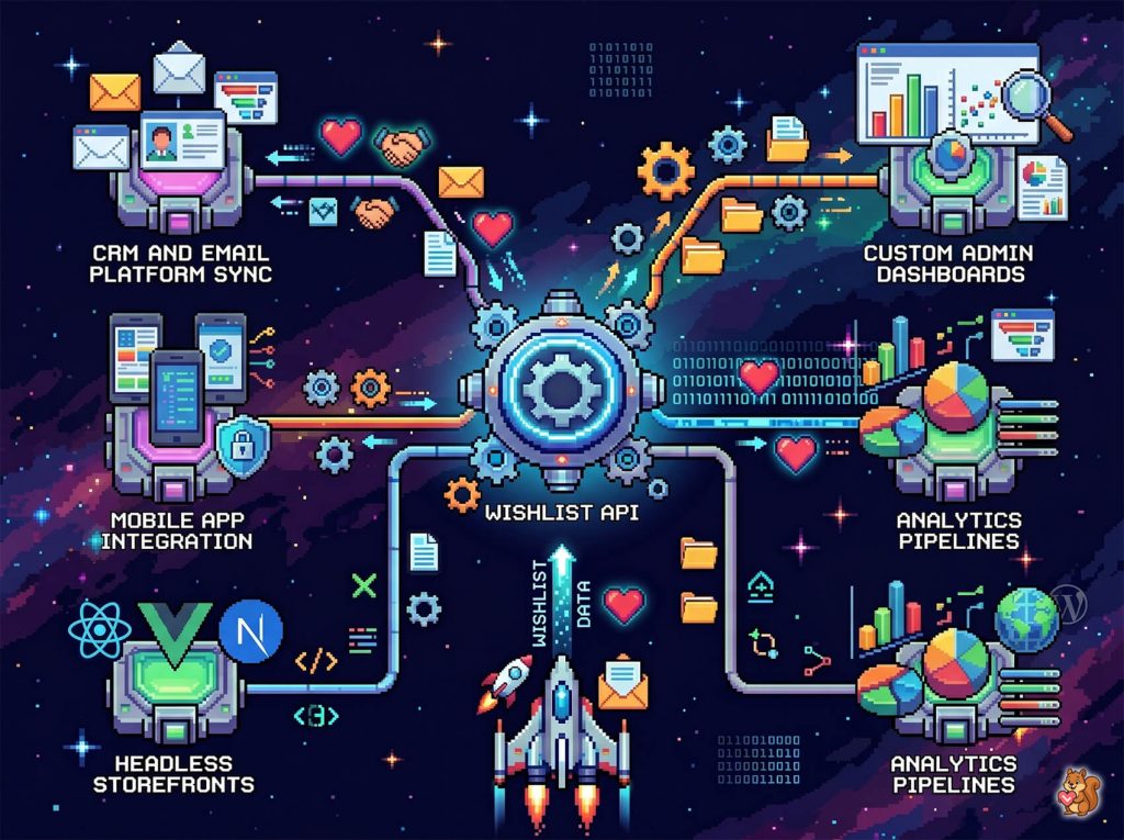 Pixel-art infographic of an integrated system: central WishList API linking CRM/email, dashboards, mobile app integration, analytics pipelines, and headless frontends.