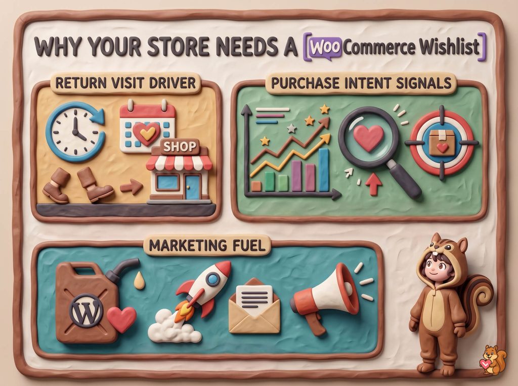 Playful clay-style infographic illustrating benefits of a WooCommerce wishlist: driving return visits, signaling purchase intent, and fueling marketing growth.