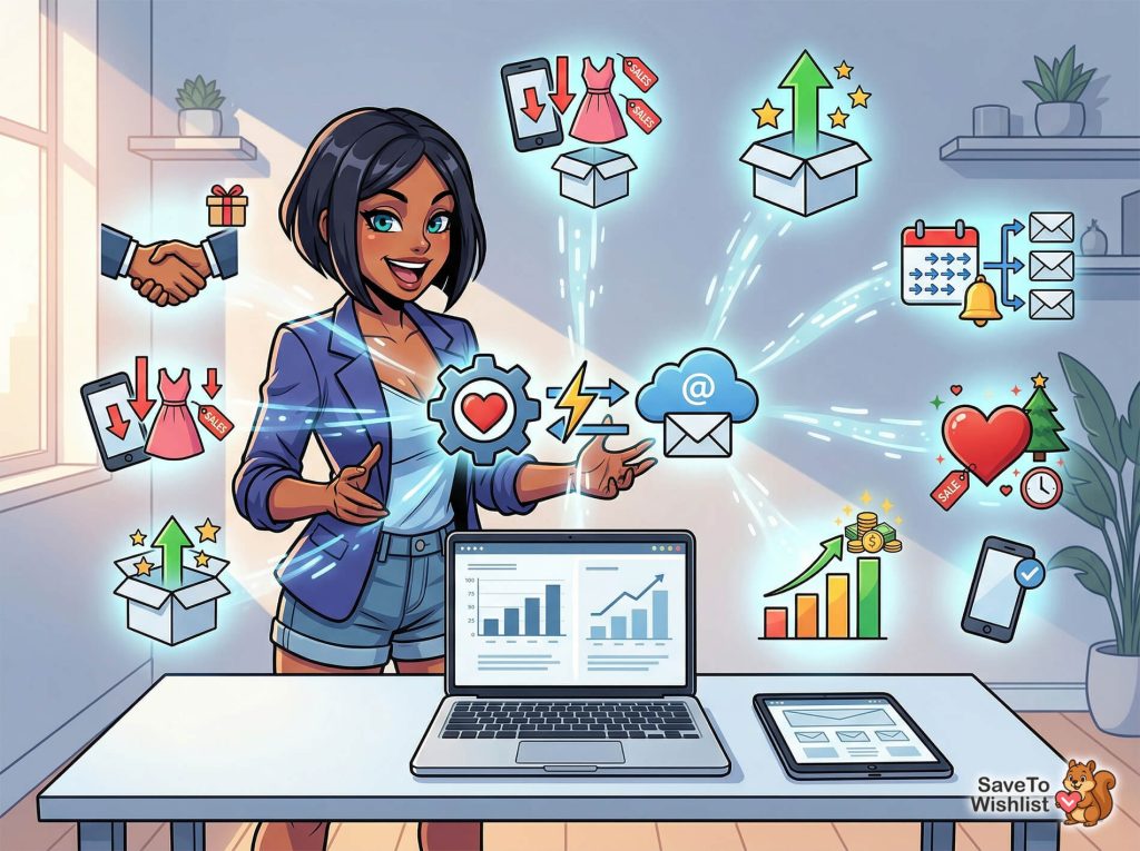 why-you-need-woocommerce-wishlist-email-marketing - SaveTo Wishlist A smiling woman gestures over a laptop as colorful marketing and automation iconsโemails, packages, charts, and heartsโstream around a sunlit office.
