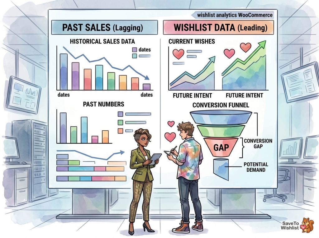 wishlist-analytics-woocommerce-predict-product-demand-1 - SaveTo Wishlist Two colleagues reviewing a large, colorful office infographic comparing past sales and wishlist data, studying conversion funnel and future intent charts.