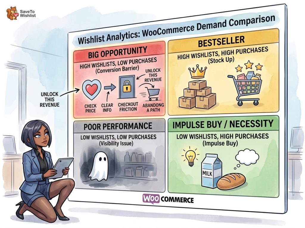 wishlist-analytics-woocommerce-predict-product-demand-2 - SaveTo Wishlist Businesswoman reviews a large WooCommerce wishlist analytics poster comparing product demand quadrants, highlighting big opportunities, bestsellers, poor performance, and impulse buys.
