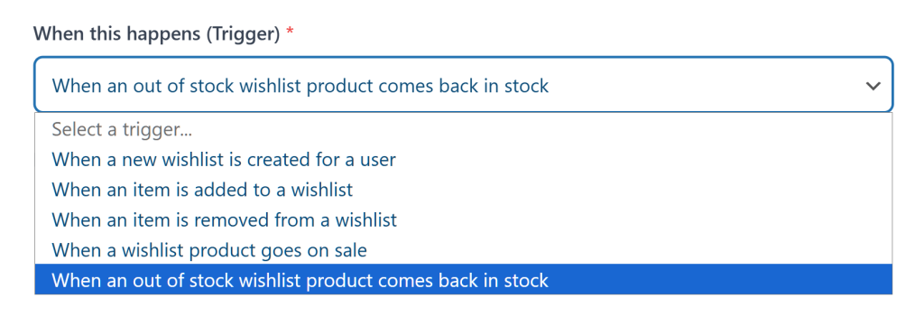 wishlist-automation-triggers - SaveTo Wishlist Dropdown menu displaying five wishlist automation triggers including back in stock and price drop events.