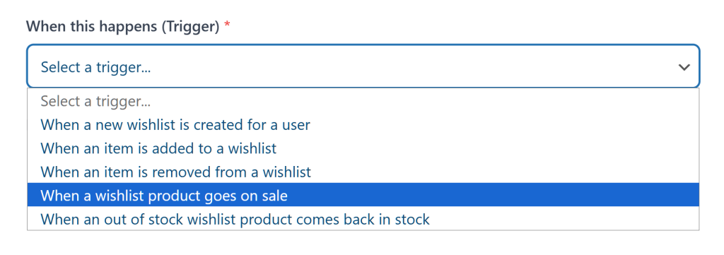 Dropdown menu titled 'When this happens (Trigger)' showing wishlist-related triggers, with 'When a wishlist product goes on sale' highlighted in blue.