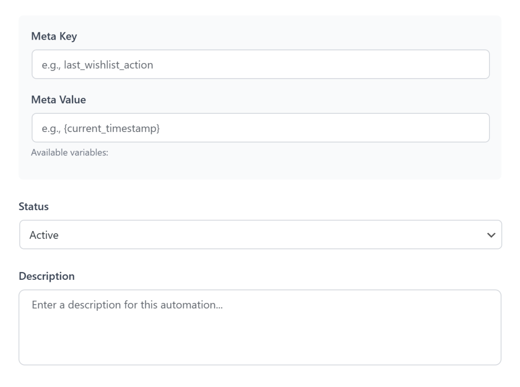 wishlist-automation-user-meta - SaveTo Wishlist Configuration fields for updating user meta keys and values based on automated wishlist triggers.