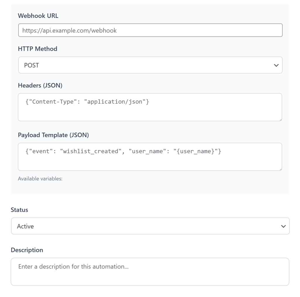 wishlist-automation-webhooks - SaveTo Wishlist Webhook configuration settings including URL, HTTP method, headers, and JSON payload template fields.