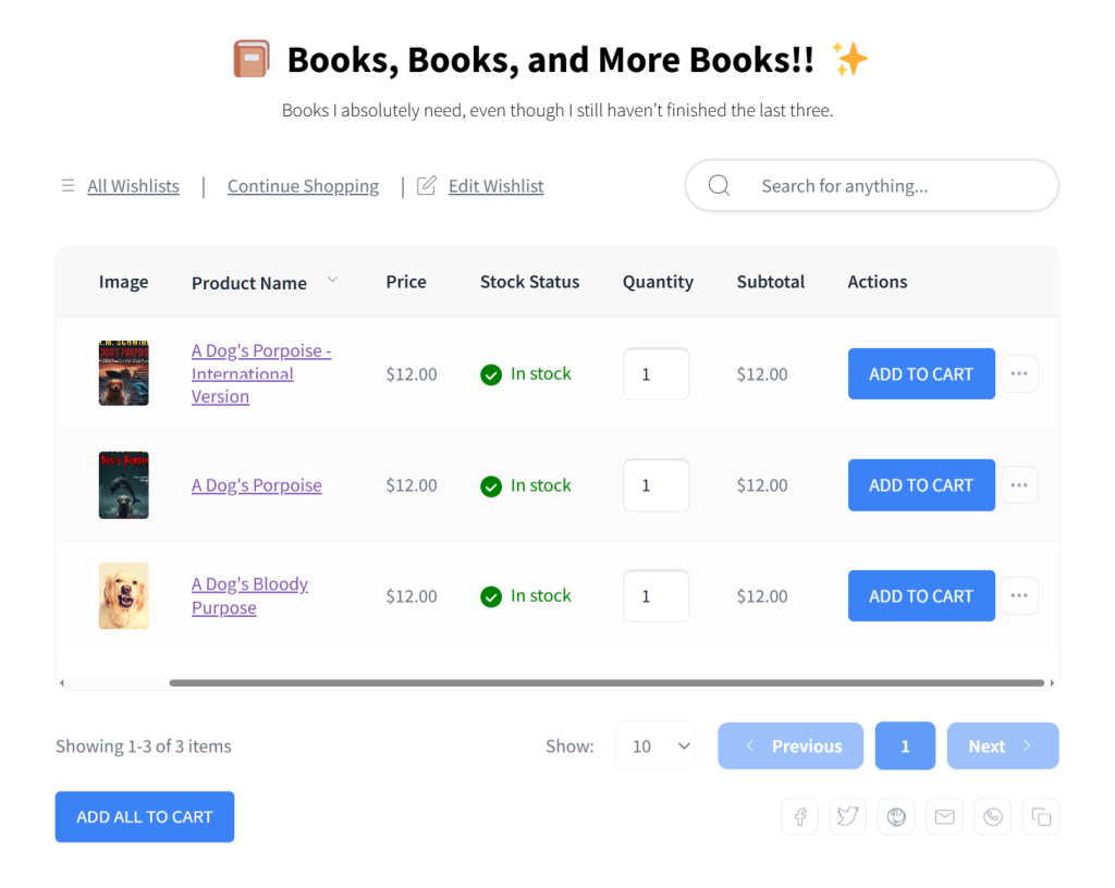 User's wishlist page titled 'Books, Books, and More Books!!' showing three dog-themed books listed at $12 each with Add to Cart buttons.