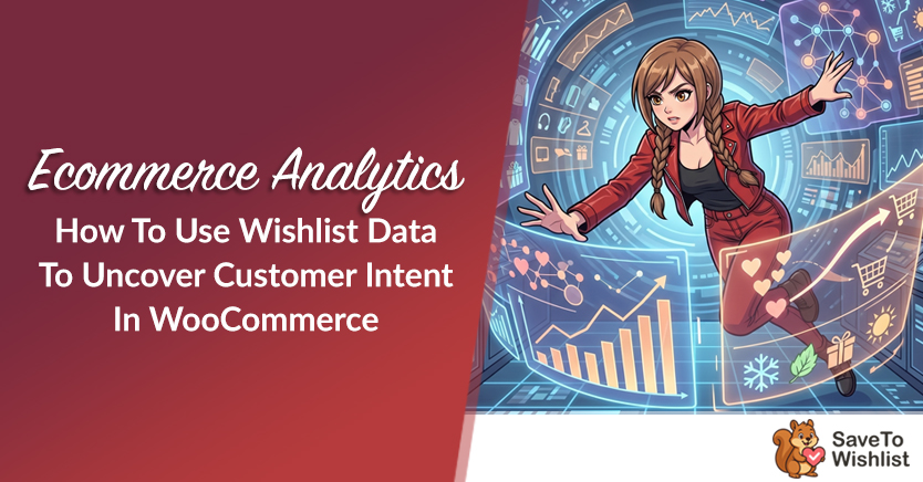 Banner: 'Ecommerce Analytics' with subtitle about wishlist data in WooCommerce; cartoon woman interacting with holographic charts; SaveToWishlist logo.