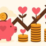 A pink piggy bank watches coins rise into taller stacks with heart-shaped leaves and an upward arrow, symbolizing financial growth.