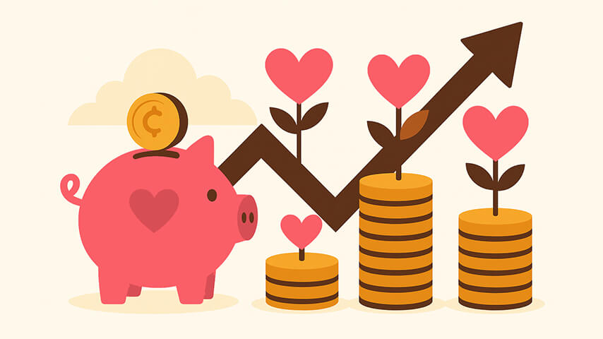 A pink piggy bank watches coins rise into taller stacks with heart-shaped leaves and an upward arrow, symbolizing financial growth.