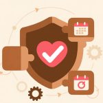 A stylized shield with a heart and checkmark surrounded by gears and calendar icons, symbolizing secure, reliable protection.