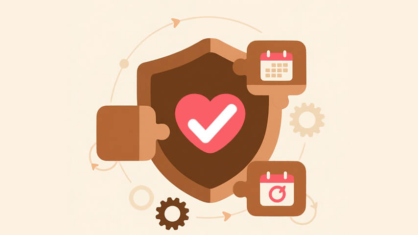 A large pink heart with a white check mark overlaps a stylized verification card, symbolizing approval and authentication.