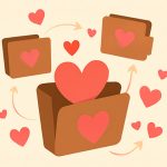 A group of brown wallets with pink hearts, arrows and floating hearts, symbolizing love spreading through generosity.