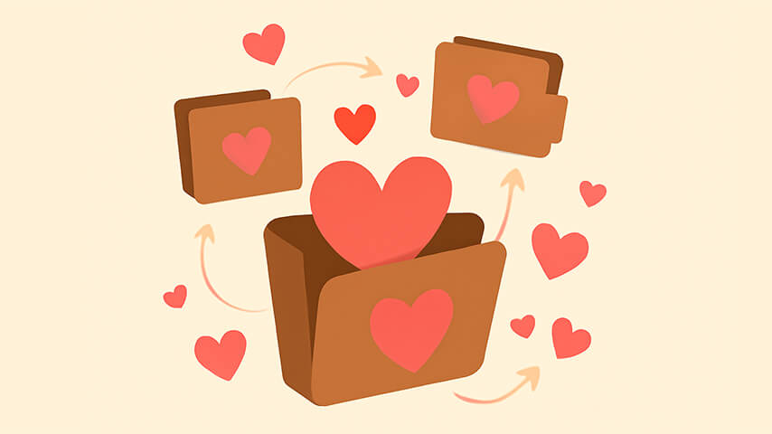 Three colorful love-themed checklists are displayed with a gift, a badge, and a small note on a warm beige background.