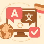 Language translation on a computer screen, surrounded by a globe, multilingual icons, and a checkmark.