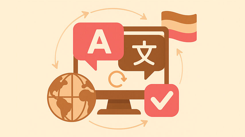 Language translation on a computer screen, surrounded by a globe, multilingual icons, and a checkmark.