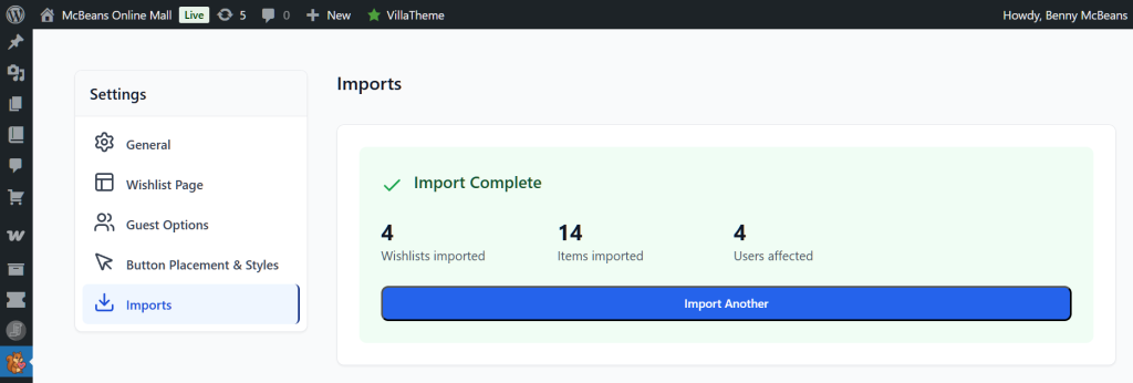 wishlist-importer-import-complete - SaveTo Wishlist WordPress admin Imports screen showing 'Import Complete' summary with 4 wishlists, 14 items, 4 users affected and an 'Import Another' button.