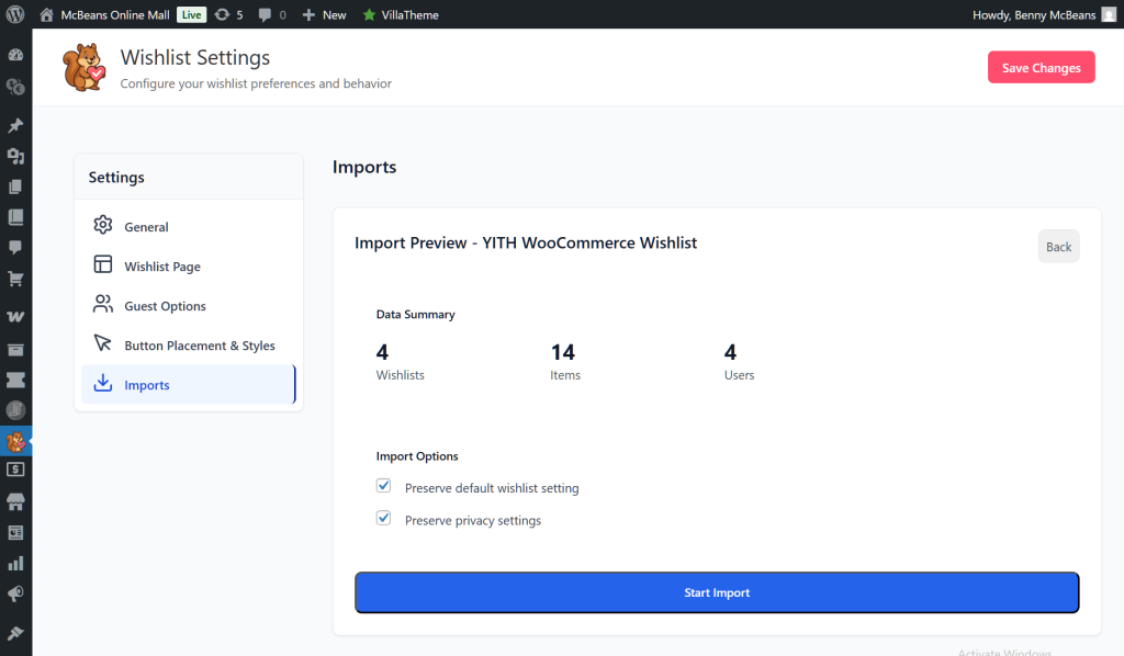 wishlist-importer-migrate-from-yith-wishlist - SaveTo Wishlist The SaveTo Wishlist settings screen showing a data summary and the "Start Import" button used to migrate from YITH Wishlist.