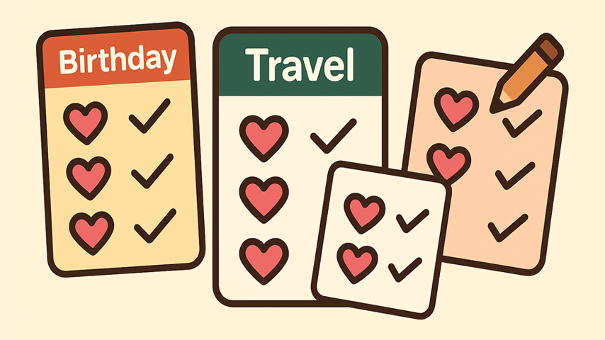 Colorful illustrated checklists labeled Birthday and Travel, featuring hearts and check marks, suggesting planning and gift ideas.