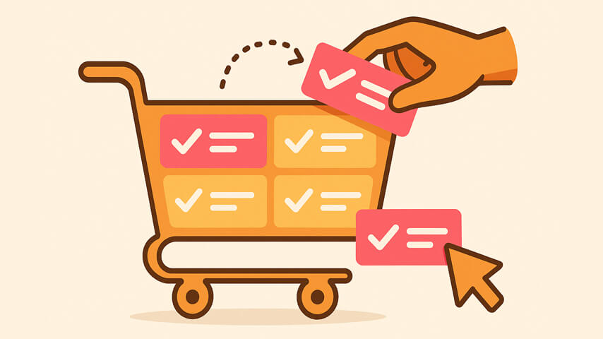 A hand inserts a pink card into a shopping cart full of boxes, representing online checkout.