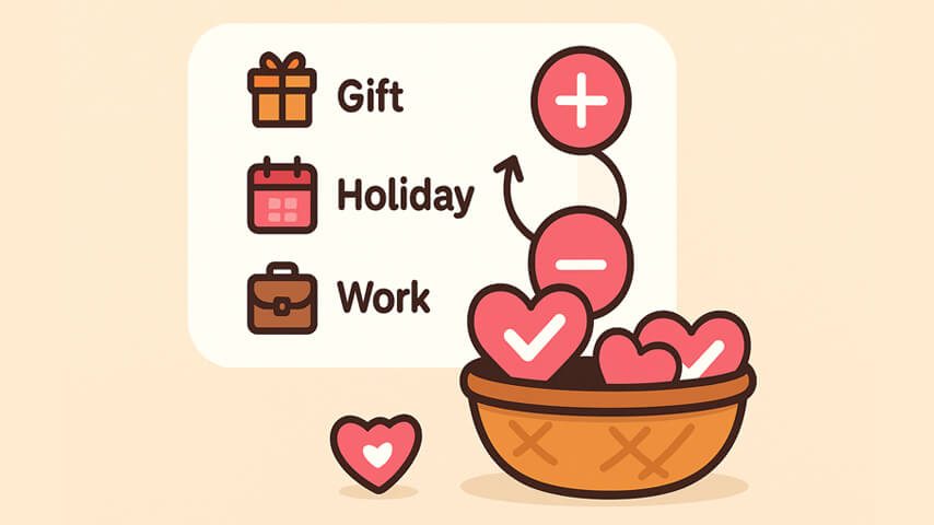 A whimsical basket overflows with hearts as a playful panel shows choices: gift, holiday, and work.
