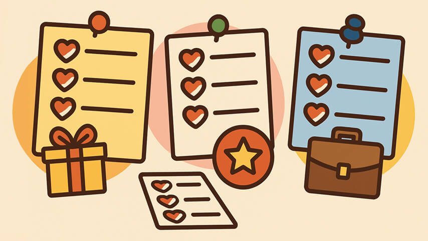 Three colorful love-themed checklists are displayed with a gift, a badge, and a small note on a warm beige background.