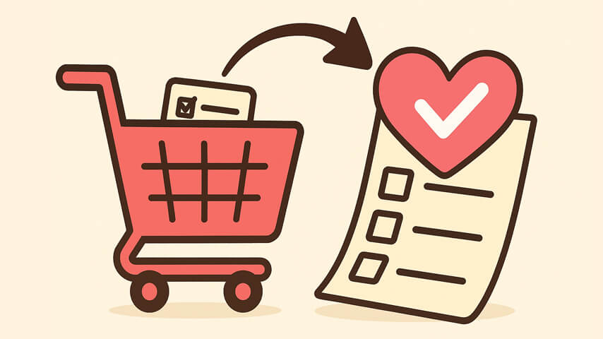 A red shopping cart beside a checklist with a heart, symbolizing saving favorite items or planning a shopping list.