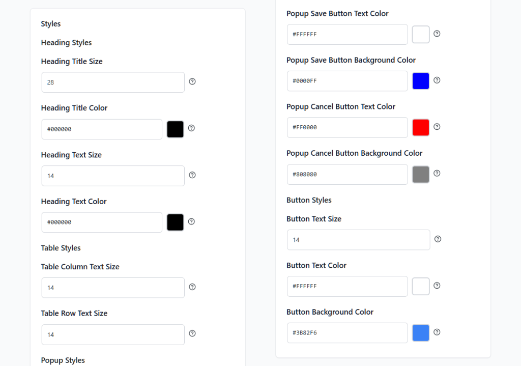 Screenshot of a two-column style settings panel showing heading, table, popup and button size and color input fields with color swatches.