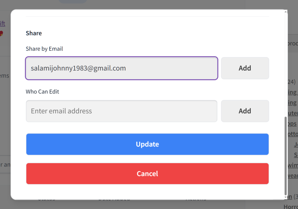 Popup 'Share' dialog showing an entered email address to share, fields for editors, and prominent Update (blue) and Cancel (red) buttons.