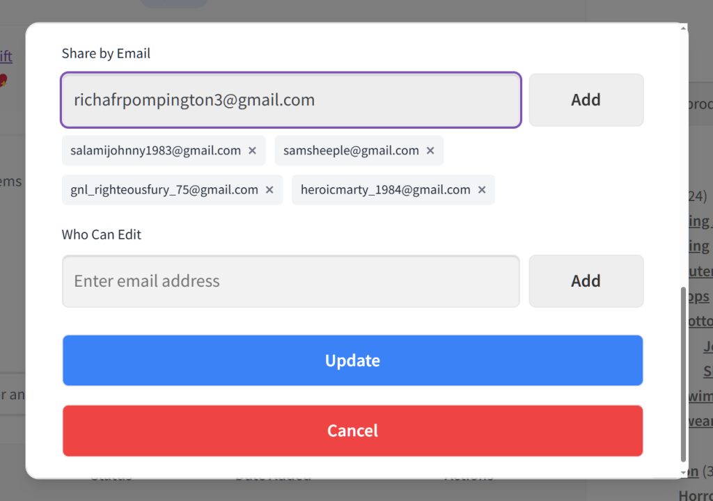 Modal dialog titled Share by Email showing multiple recipient email chips, Add buttons, and prominent blue Update and red Cancel buttons.