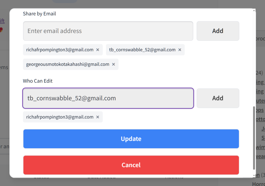 Modal dialog titled 'Share by Email' listing three recipients as tags, editor selection highlighted, and large Update (blue) and Cancel (red) buttons.