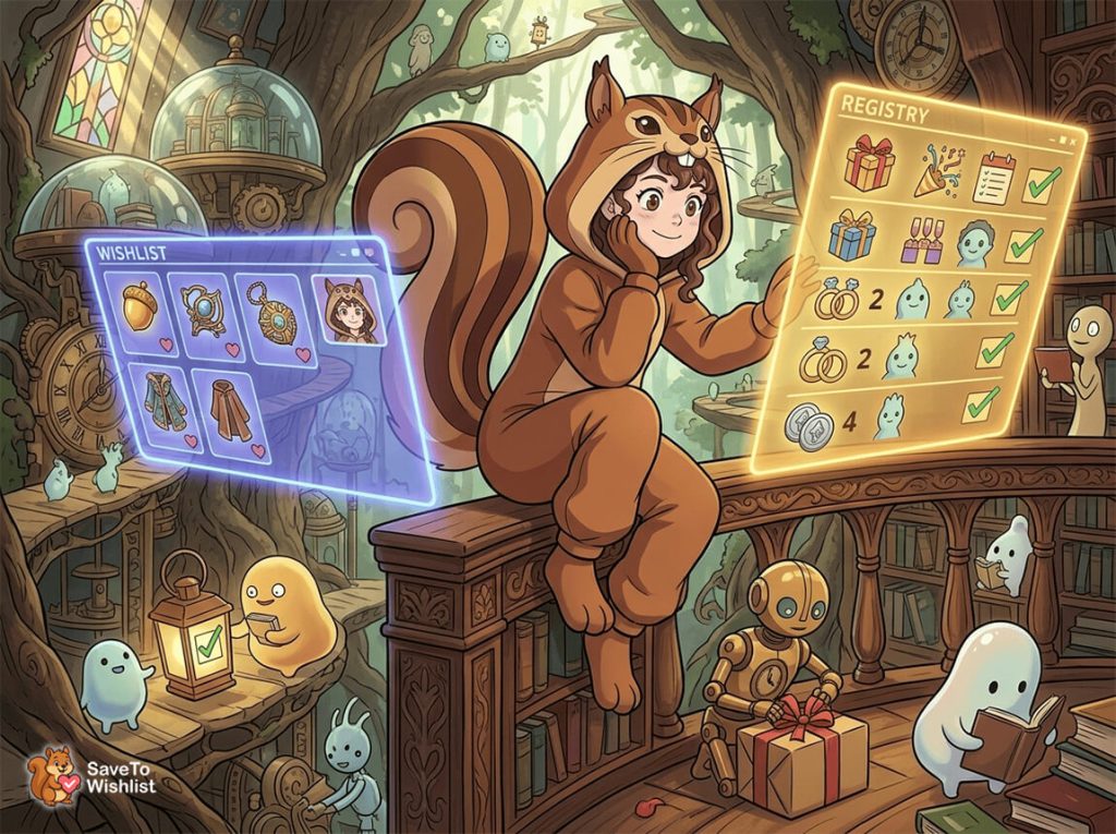 Meisje in een eekhoorn onesie zit op een bankje en tikt op een gloeiend verlanglijstbord gevuld met items in een magische bibliotheek.