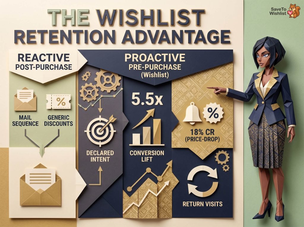 Paper-cut infographic titled'The Wishlist Retention Advantage' comparing reactive post-purchase and proactive wishlist strategies, navy and gold, 5.5x conversion lift.