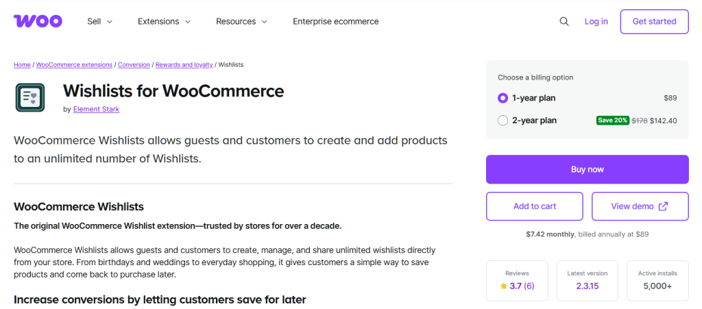 wishlists-for-woocommerce-homepage - SaveTo Wishlist Product page for'Wishlists for WooCommerce' showing extension description, pricing options, buy buttons, and metrics on latest version and active installs.