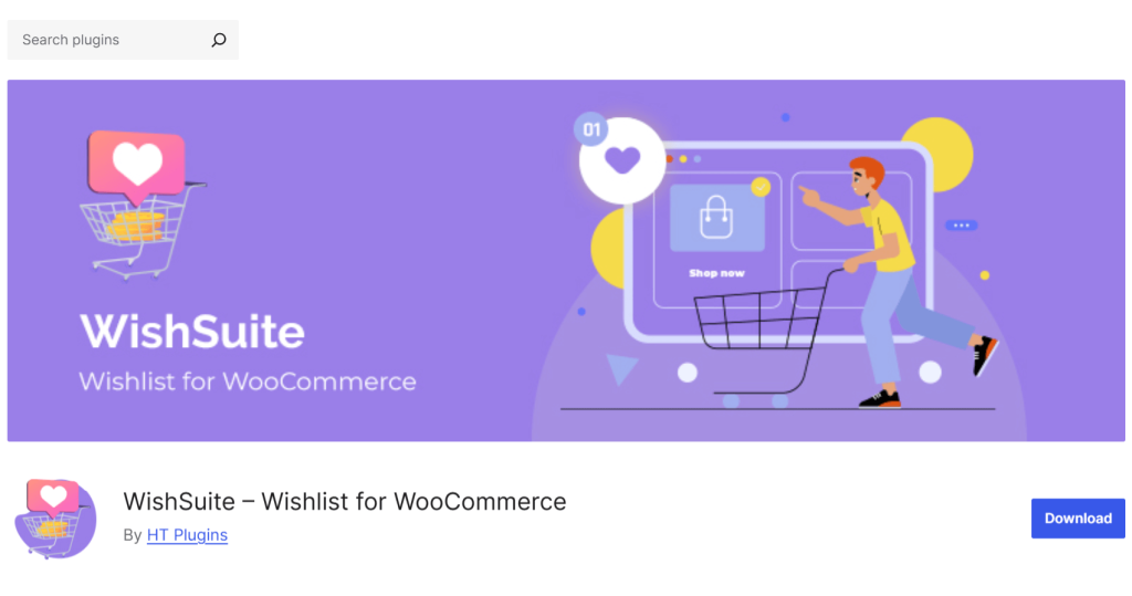 wishsuite-free-wordpress-homepage - SaveTo Wishlist Purple banner showing a person pushing a shopping cart toward a large online storefront, promoting WishSuite wishlist plugin for WooCommerce.