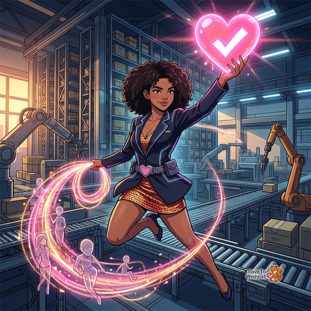 woocommerce-browse-abandonment-filler - SaveTo Wishlist A confident woman with curly hair in a navy blazer leaps in a high-tech factory, holding a glowing pink heart with a checkmark; pink energy rings swirl around small figures as robotic arms work in the background.