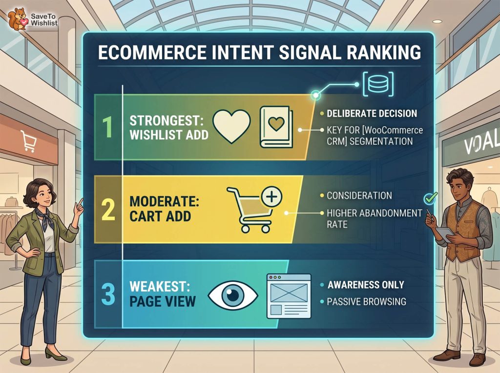 Illustrated infographic in a shopping mall showing ecommerce intent rankings: wishlist add strongest, cart add moderate, page view weakest, with shoppers and icons.